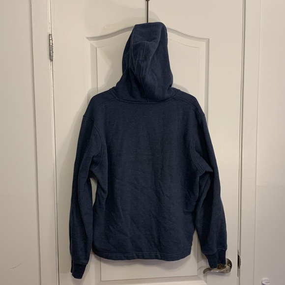 Gap Patch Logo 1/2 Button Hooded Sweatshirt, Heather Blue, size Large - Picture 2 of 5